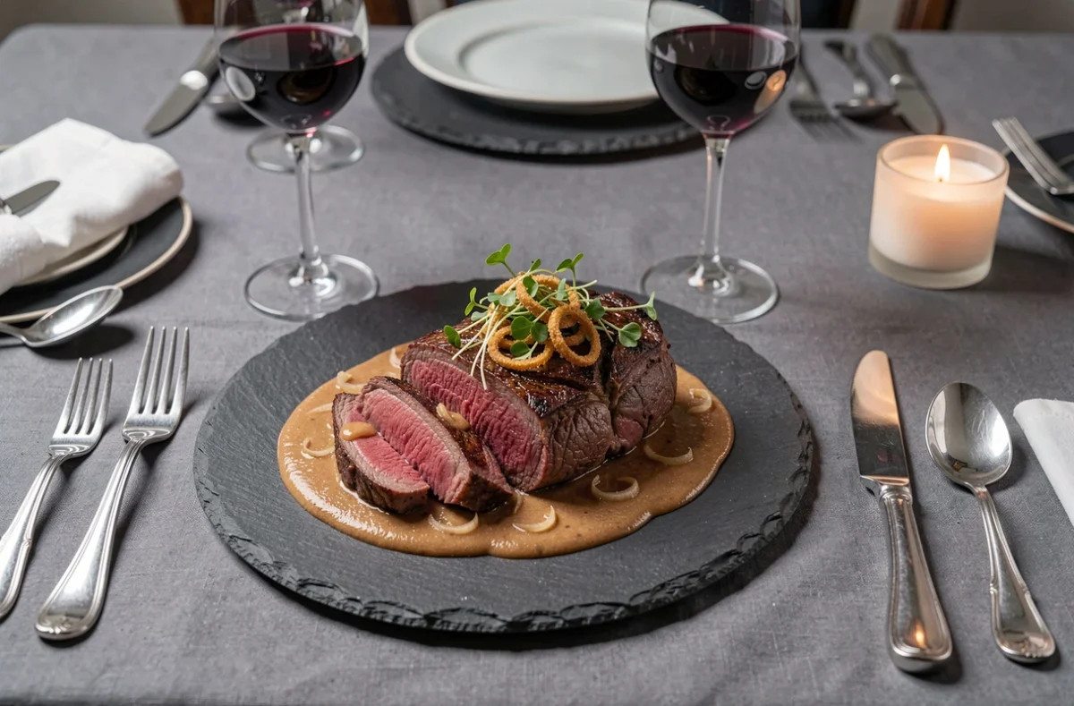 Steak tranché nappé de sauce à l'échalote sur ardoise noire, dressé pour un dîner festif avec vin rouge et couverts élégants