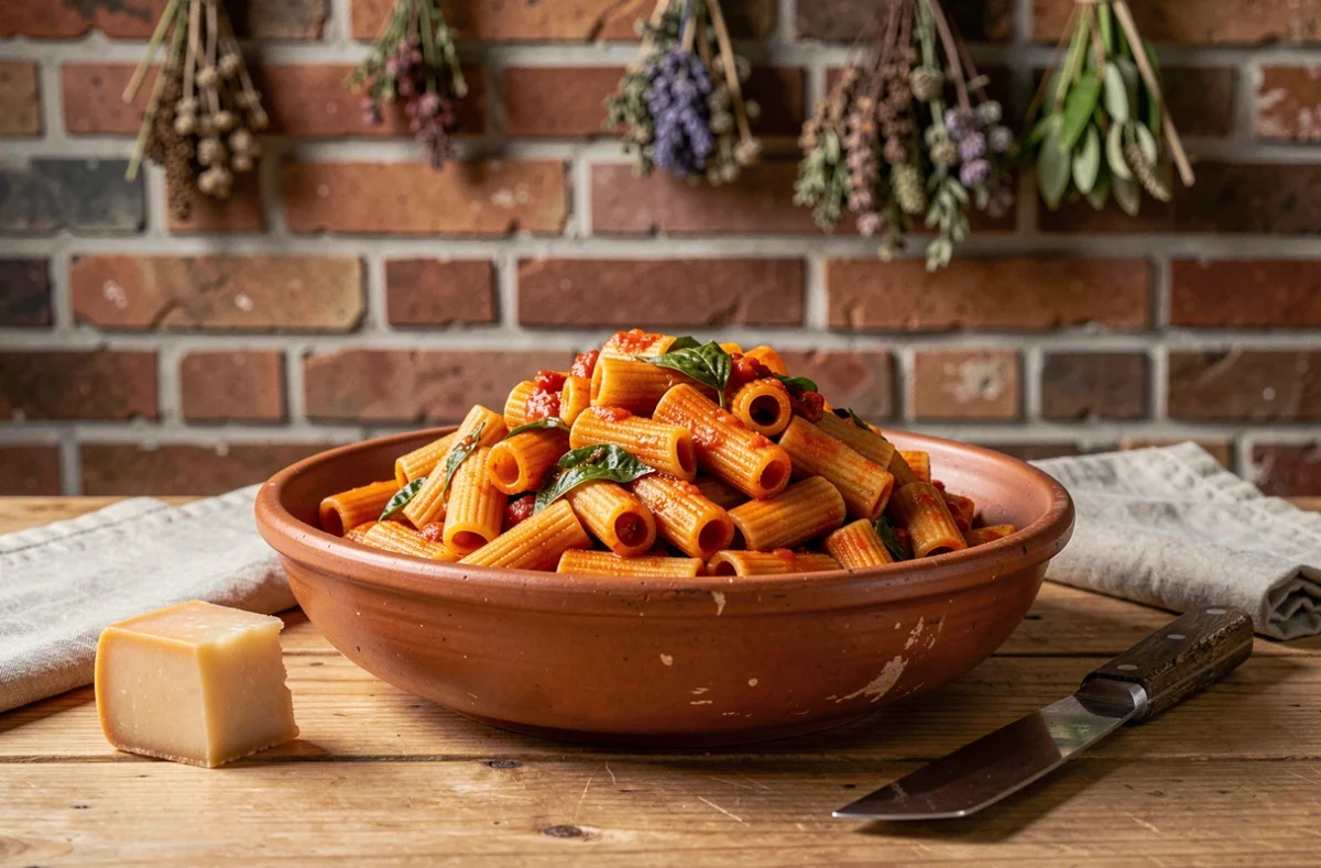 Rigatoni aux pâtes fraîches nappés d'une sauce tomate maison dans le cadre simple et généreux du restaurant Sugo