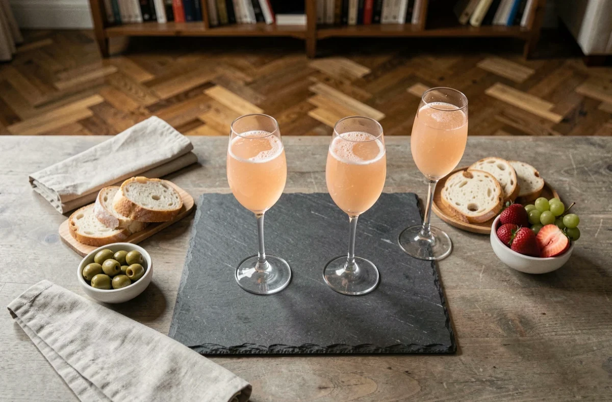 Table apéro chic avec verres de soupe champagne sans alcool et mises en bouche sur plateau ardoise