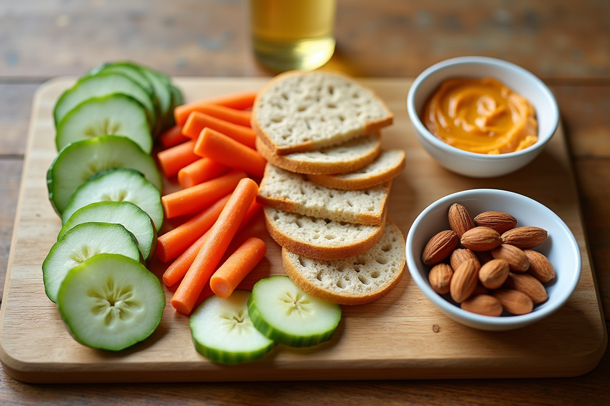 Table avec légumes, noix et fruits pour une collation saine