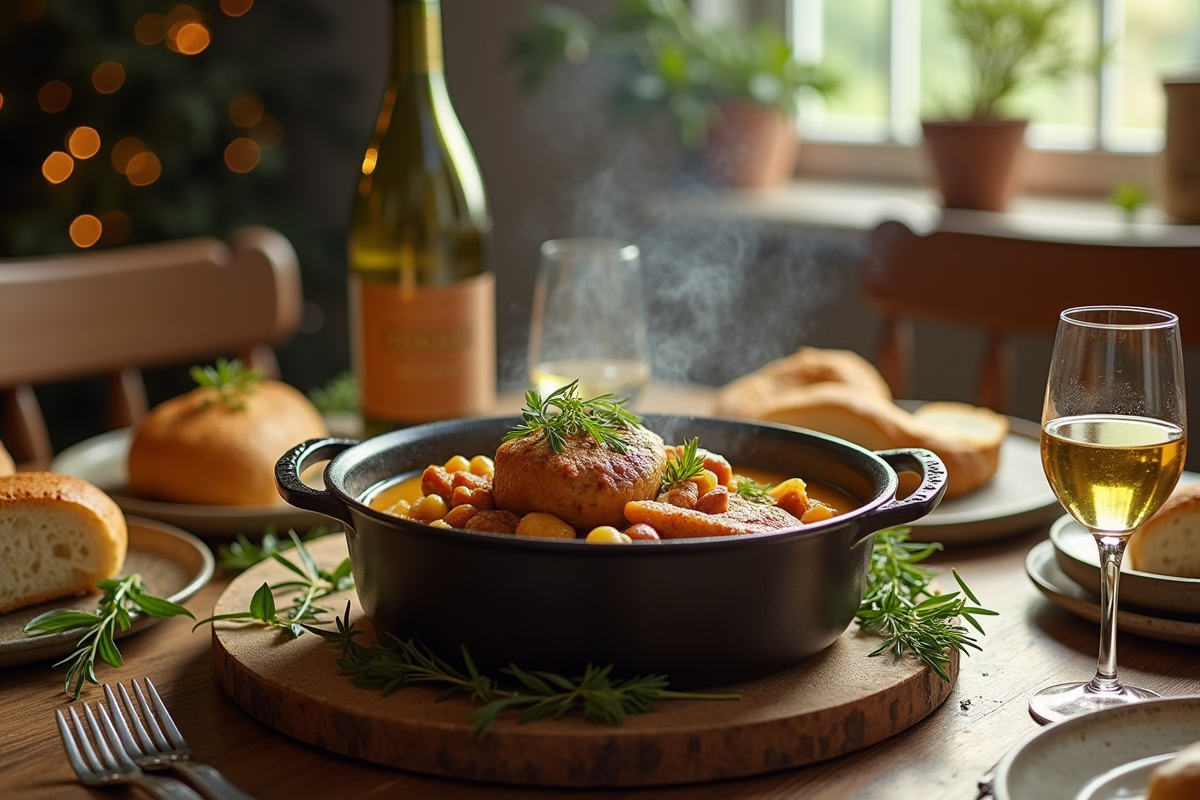 Table rustique avec plat de lapin en sauce dorée
