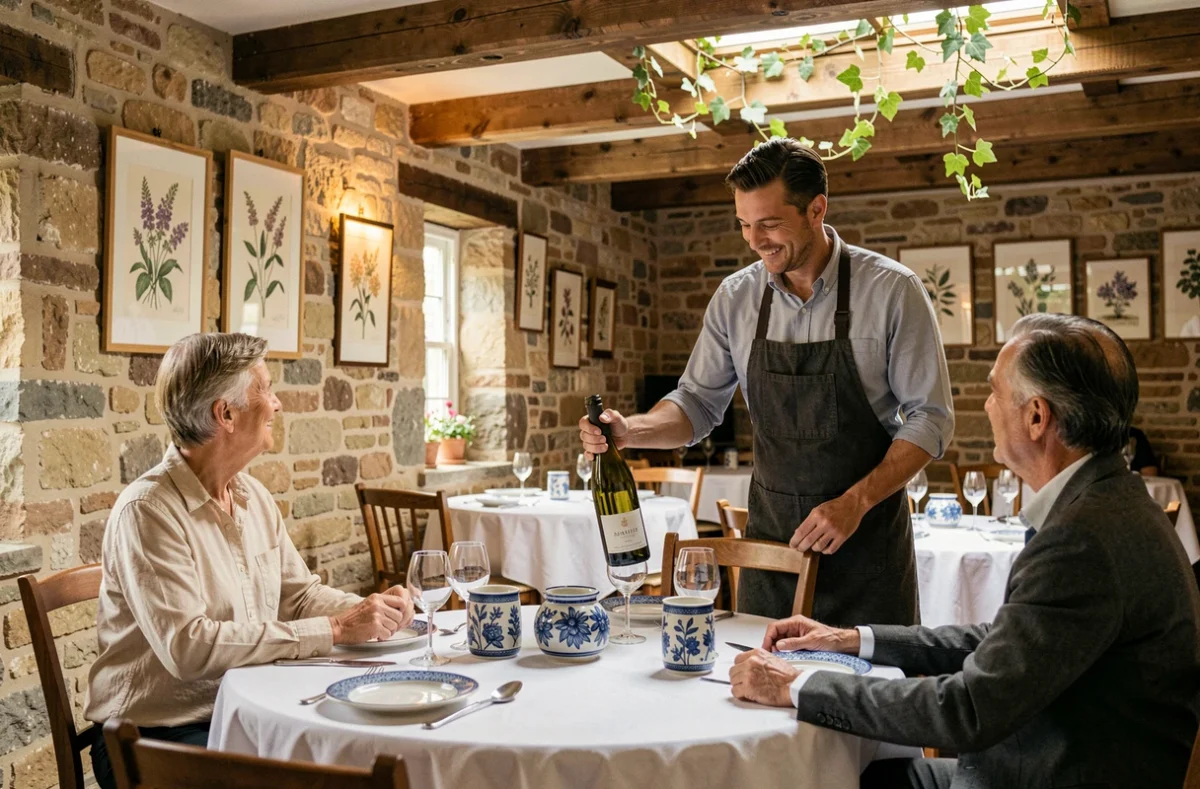 Salle de restaurant raffinée à La Table de la Butte à Plouider avec service du vin et décor en pierre bretonne