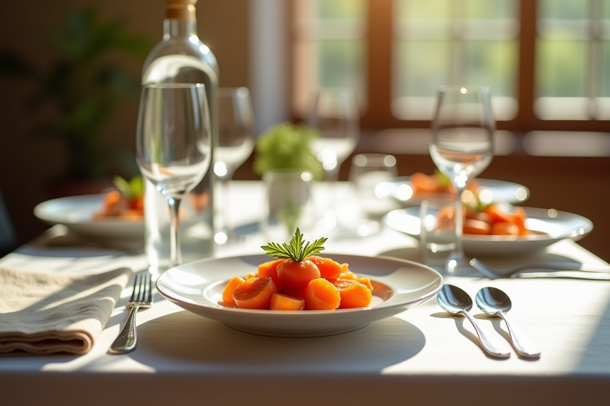 Table de déjeuner avec assiette de carottes à la Vichy et eau fraîche