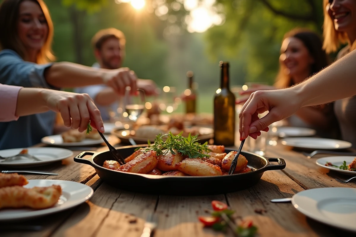 Table rustique pour barbecue en soir&eacute;e