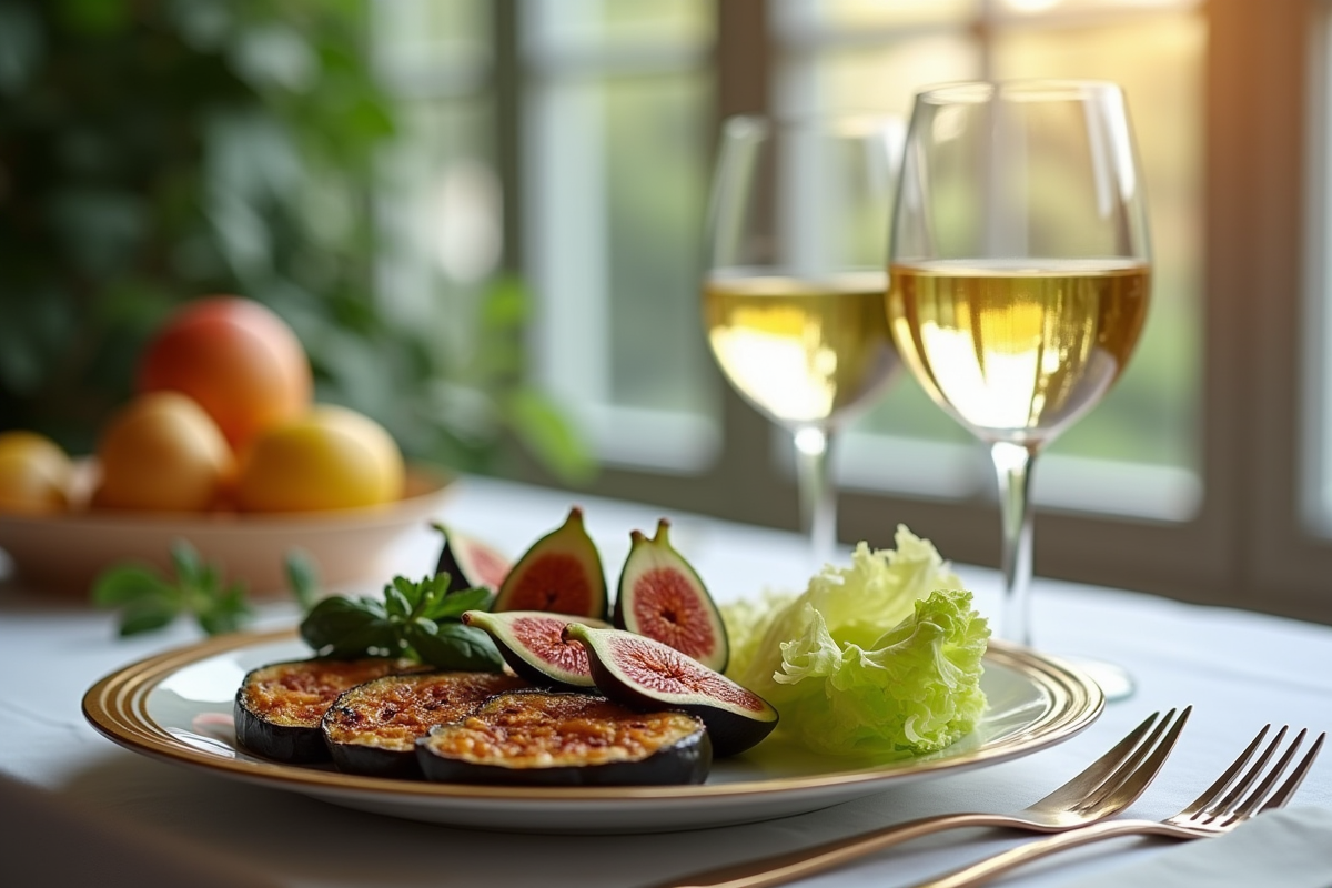 Table élégante avec vin blanc et figues fraîches