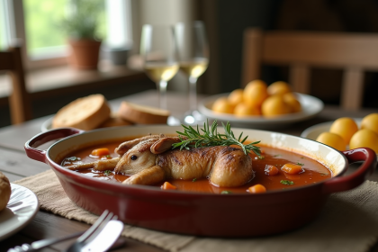 Table rustique française avec un ragoût de lapin en cidre
