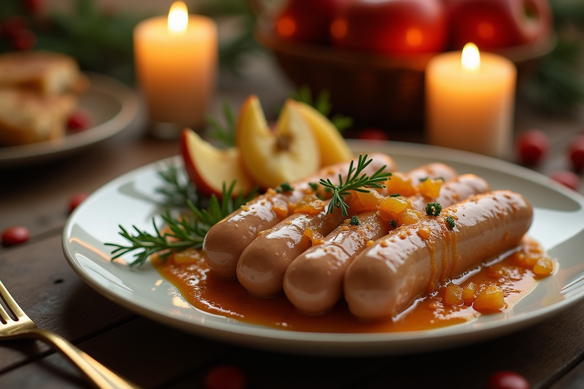 Table festive avec boudin blanc et compote de pommes
