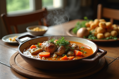 Table rustique avec civet de lapin chaud et légumes