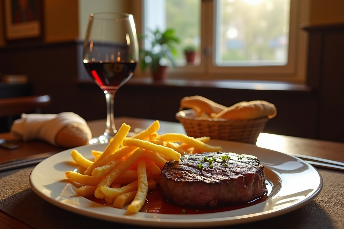 Table élégante dans un restaurant lyonnais traditionnel avec steak et frites