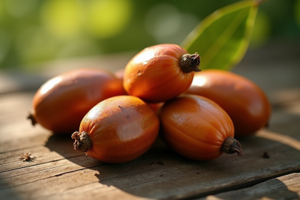 Fruits de tamarin fraîchement récoltés dans leurs gousses brunes sur une surface en bois