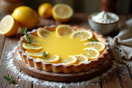 Tarte au citron maison rustique sur table en bois avec sucre glace et rondelles de citron confites