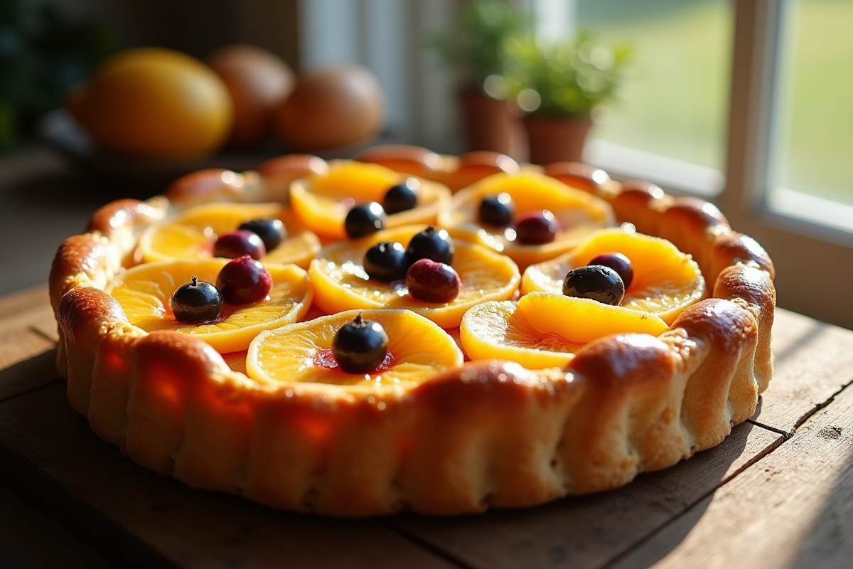 Tarte aux fruits maison avec éclats de soleil sur la table