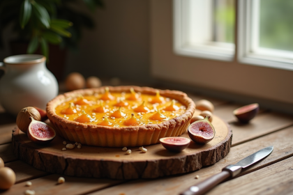 Tarte aux figues et miel sur une table en bois rustique