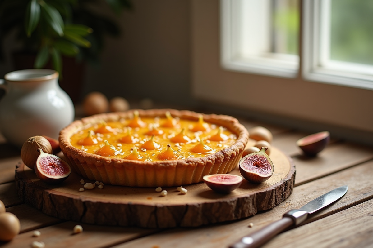 Tarte aux figues et miel sur une table en bois rustique