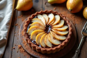 Tarte aux poires et au chocolat entière sur une table en bois rustique, vue de dessus avec ganache brillante et poires en éventail