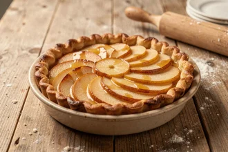 Tarte aux poires dorée et croustillante posée sur une table en bois rustique, avec des tranches de poires en rosette et une croûte caramélisée