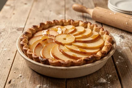 Tarte aux poires dorée et croustillante posée sur une table en bois rustique, avec des tranches de poires en rosette et une croûte caramélisée