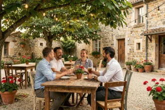 Terrasse conviviale de la Guinguette de la Ferme à Bondues avec des amis qui se détendent après le travail autour de verres de vin et de bière