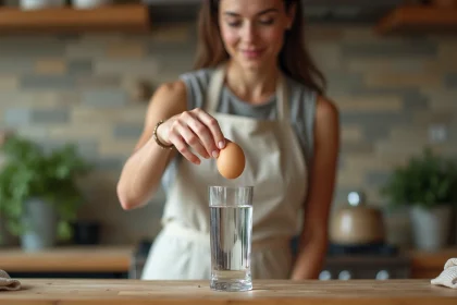 Femme testant la fraîcheur d'un œuf dans un verre d'eau sur un plan de travail en bois rustique