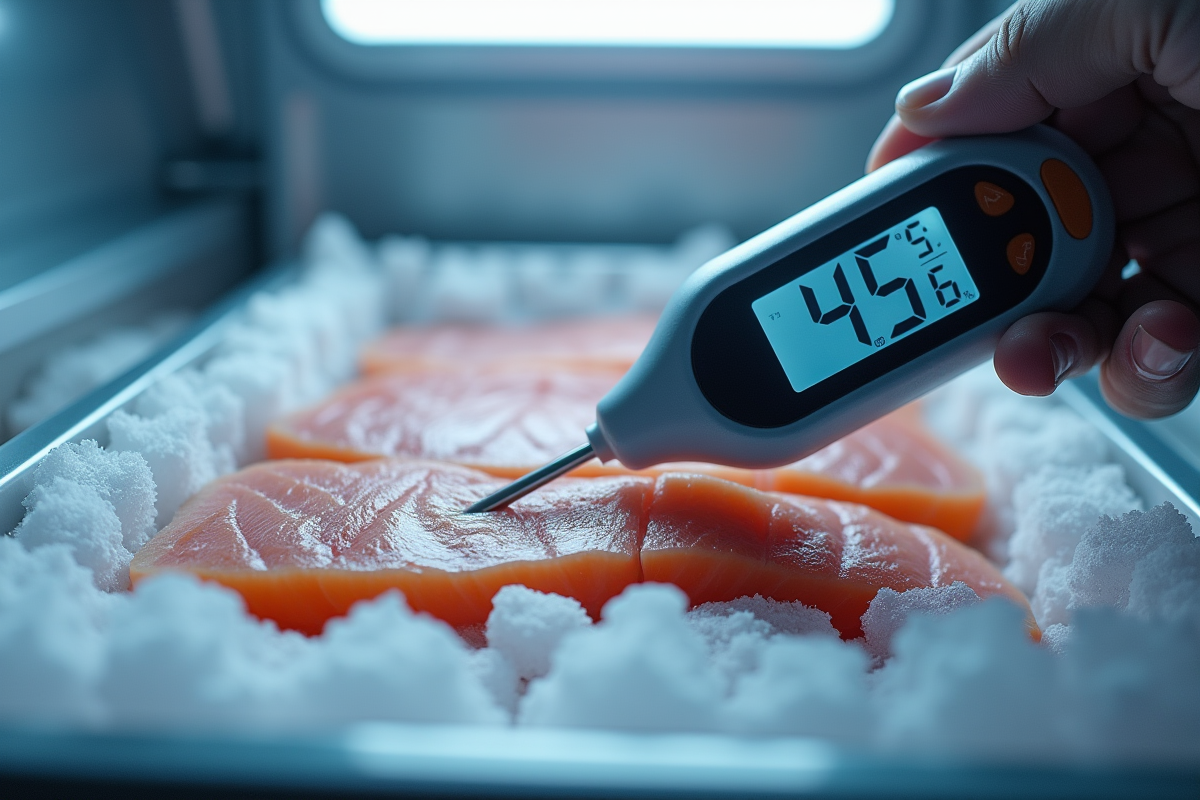 Thermomètre numérique dans un emballage de poisson congelé