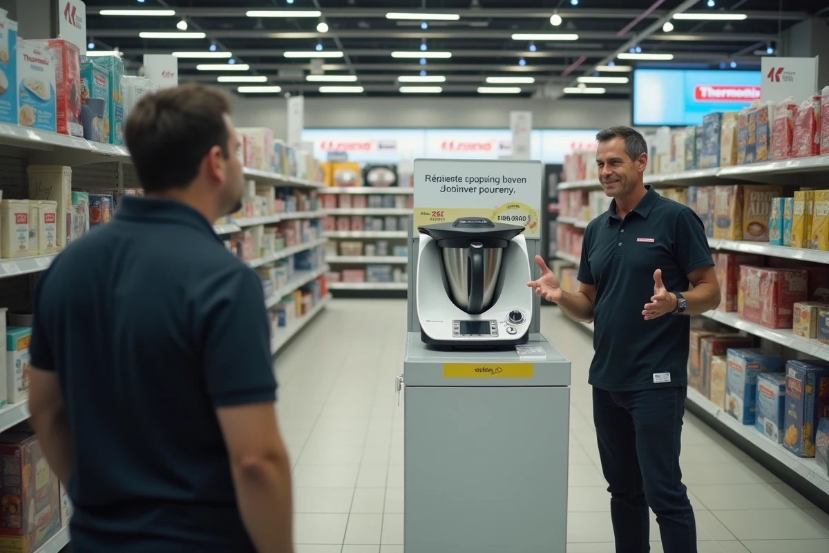 Rayon d'électroménager en magasin avec un présentoir Thermomix et son étiquette de prix, vendeur conseillant un client