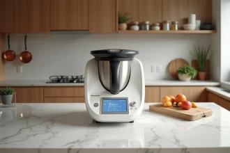 Thermomix TM6 posé sur un plan de travail en marbre dans une cuisine moderne, vue en légère plongée mettant en valeur son écran tactile
