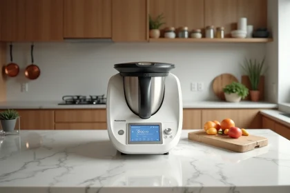 Thermomix TM6 posé sur un plan de travail en marbre dans une cuisine moderne, vue en légère plongée mettant en valeur son écran tactile