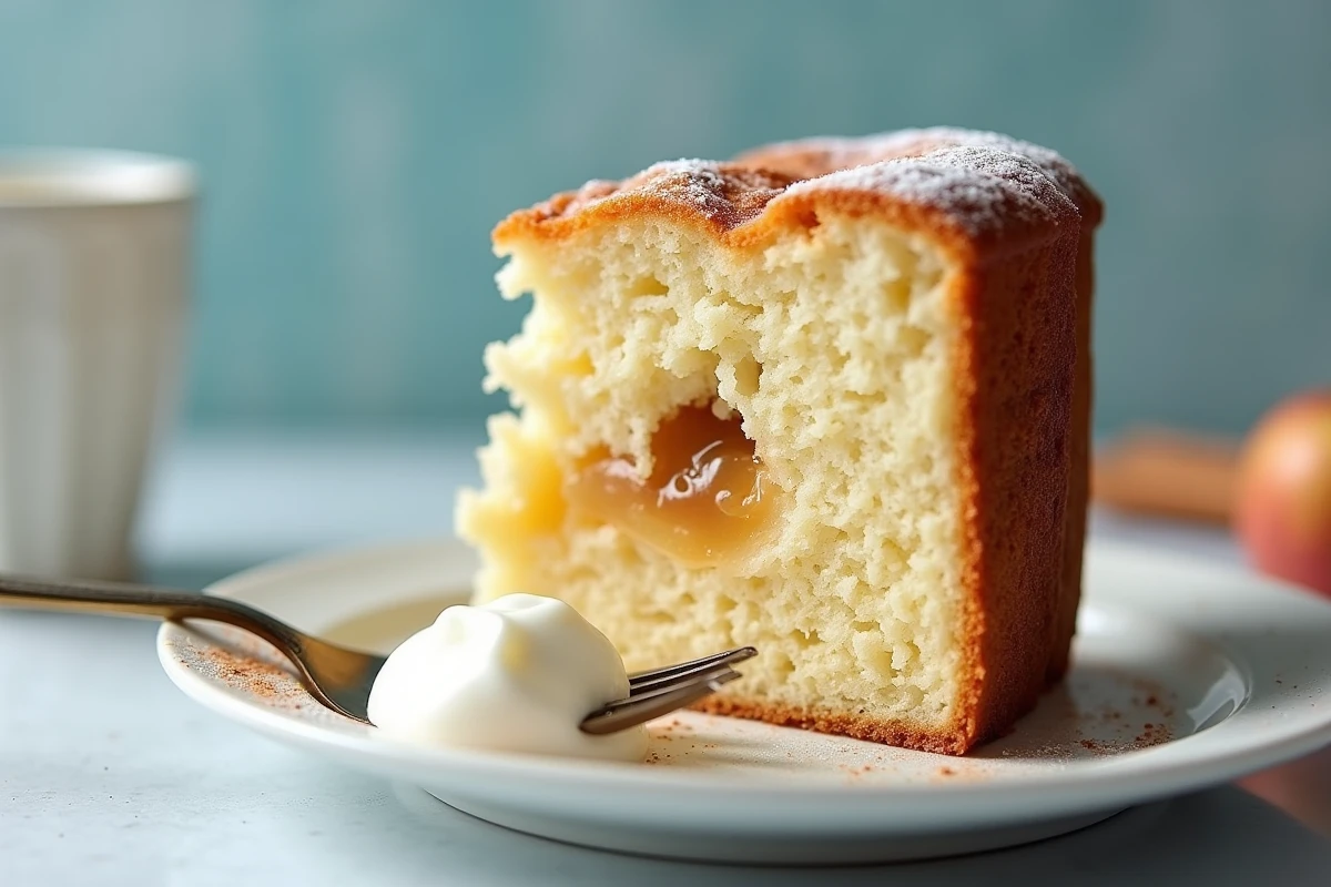 Tranche de gâteau au yaourt et pommes en gros plan sur une assiette blanche, révélant une mie moelleuse et fondante avec des morceaux de pomme caramélisés
