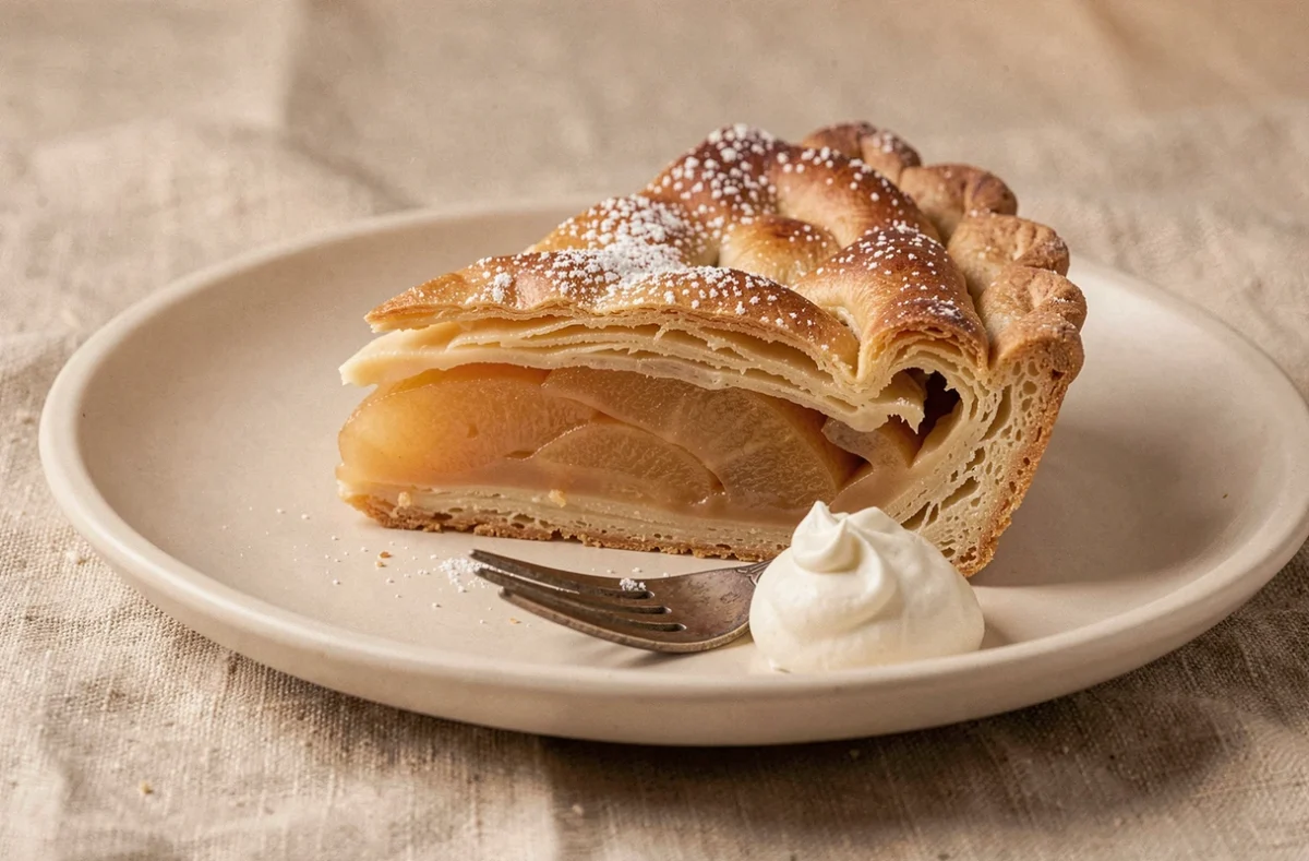 Tranche de tarte aux poires servie sur une assiette en céramique crème avec une cuillère de crème fraîche et un saupoudrage de sucre glace