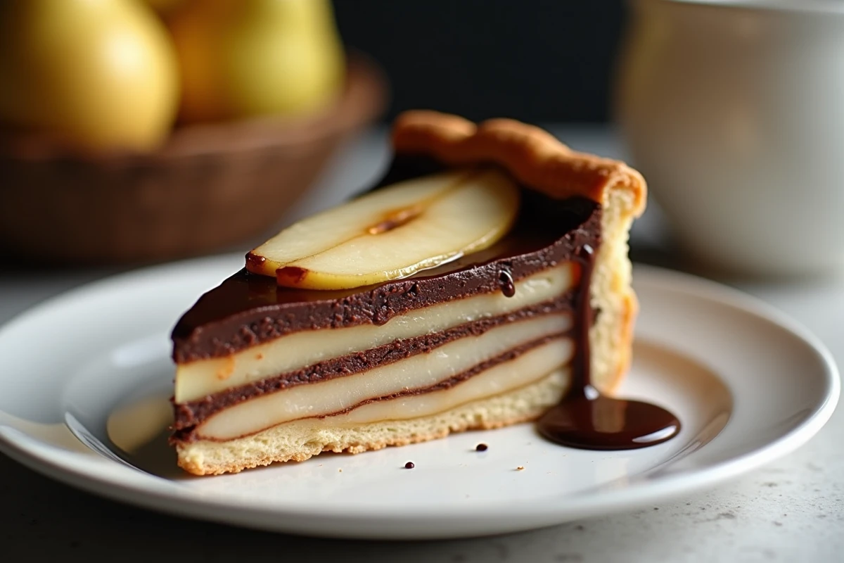 Tranche de tarte poire chocolat servie sur une assiette blanche, révélant les couches de ganache et de poires fondantes