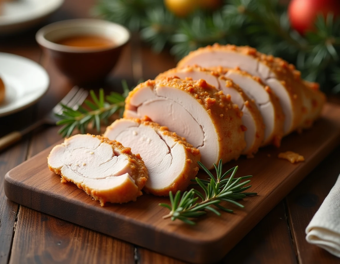 Tranches de blanc de chapon découpé sur planche en bois avec jus de cuisson et romarin pour un repas festif