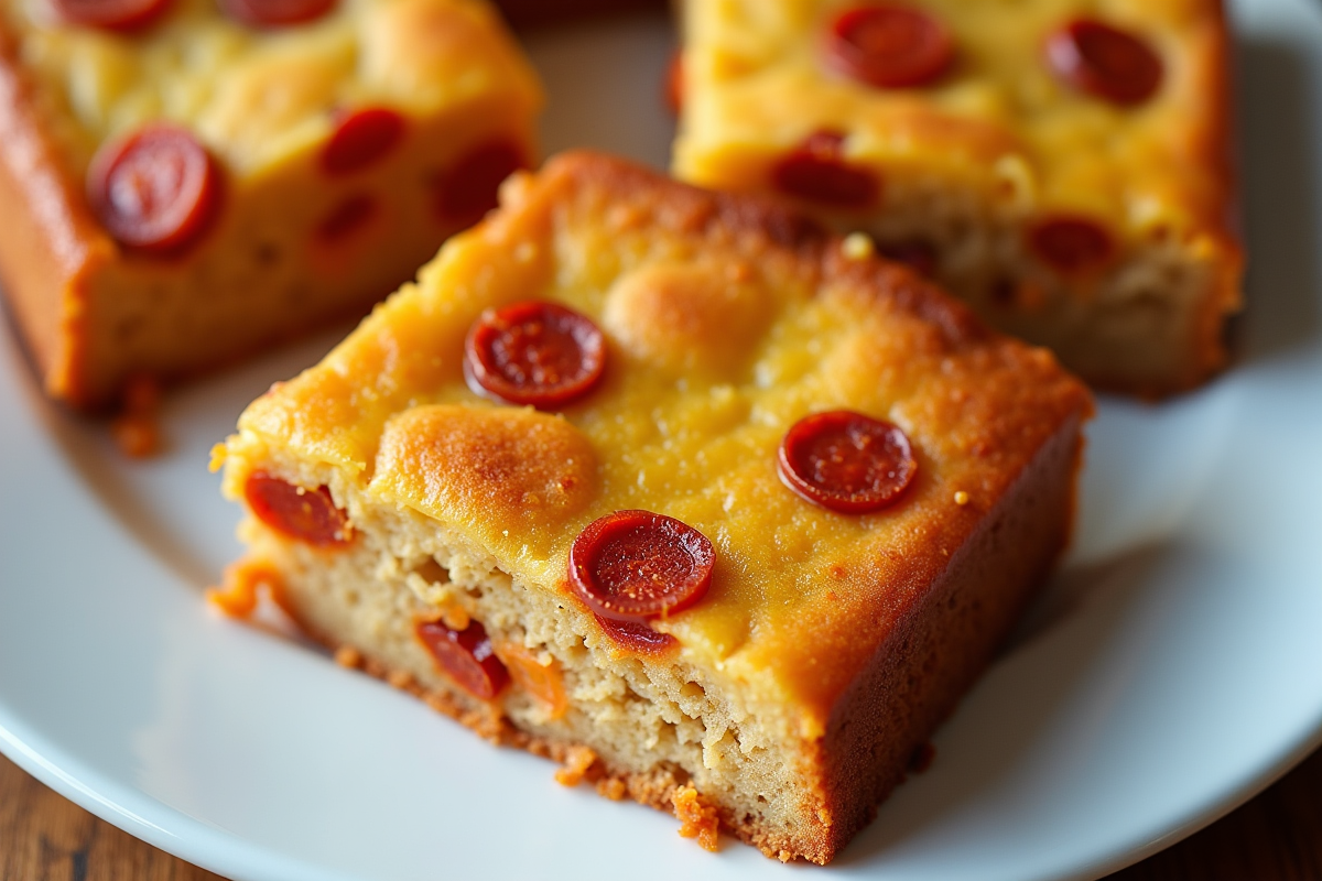 Tranches de gâteau au chorizo et poivron sur assiette blanche