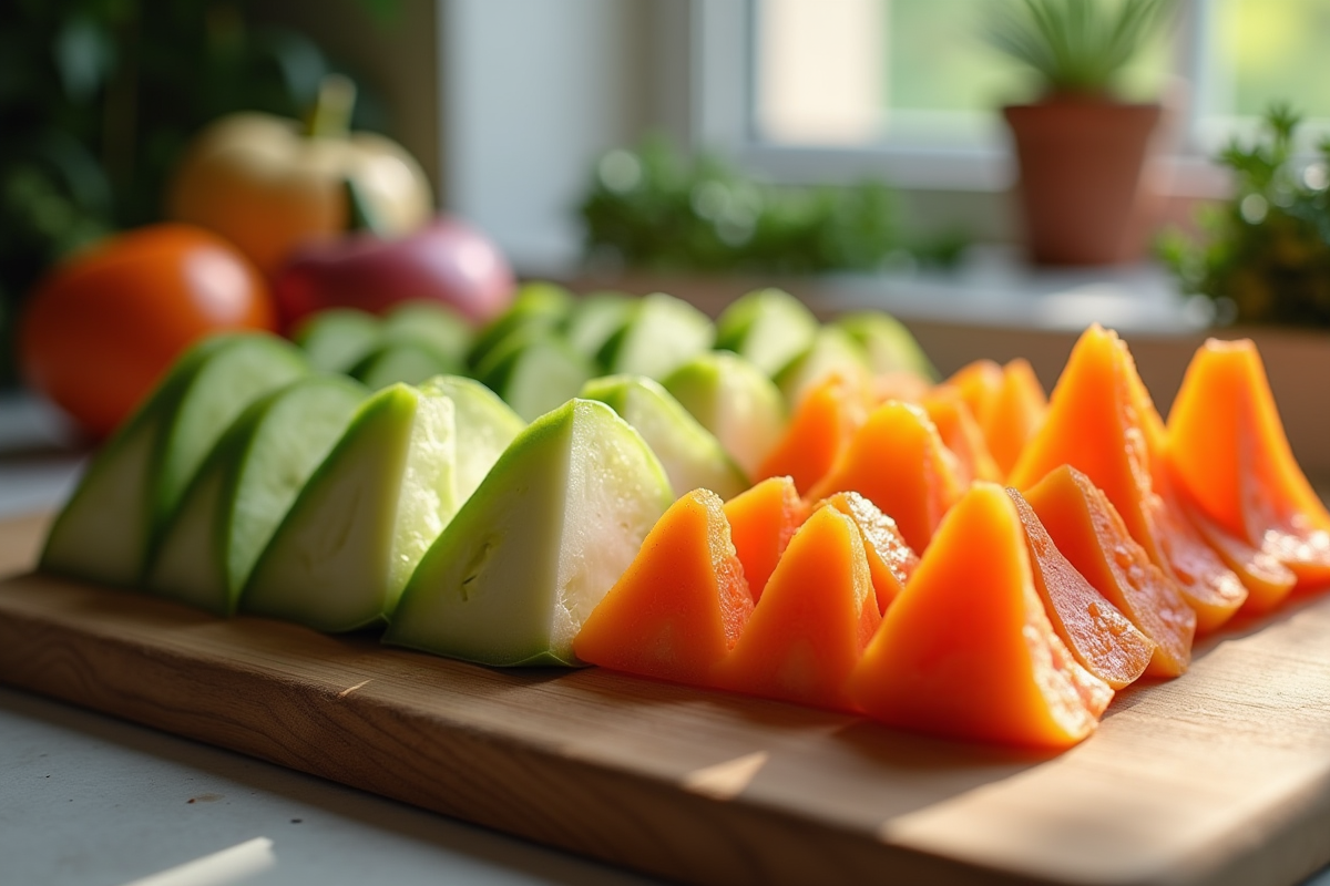 Tranches de légumes en V sur planche en bois