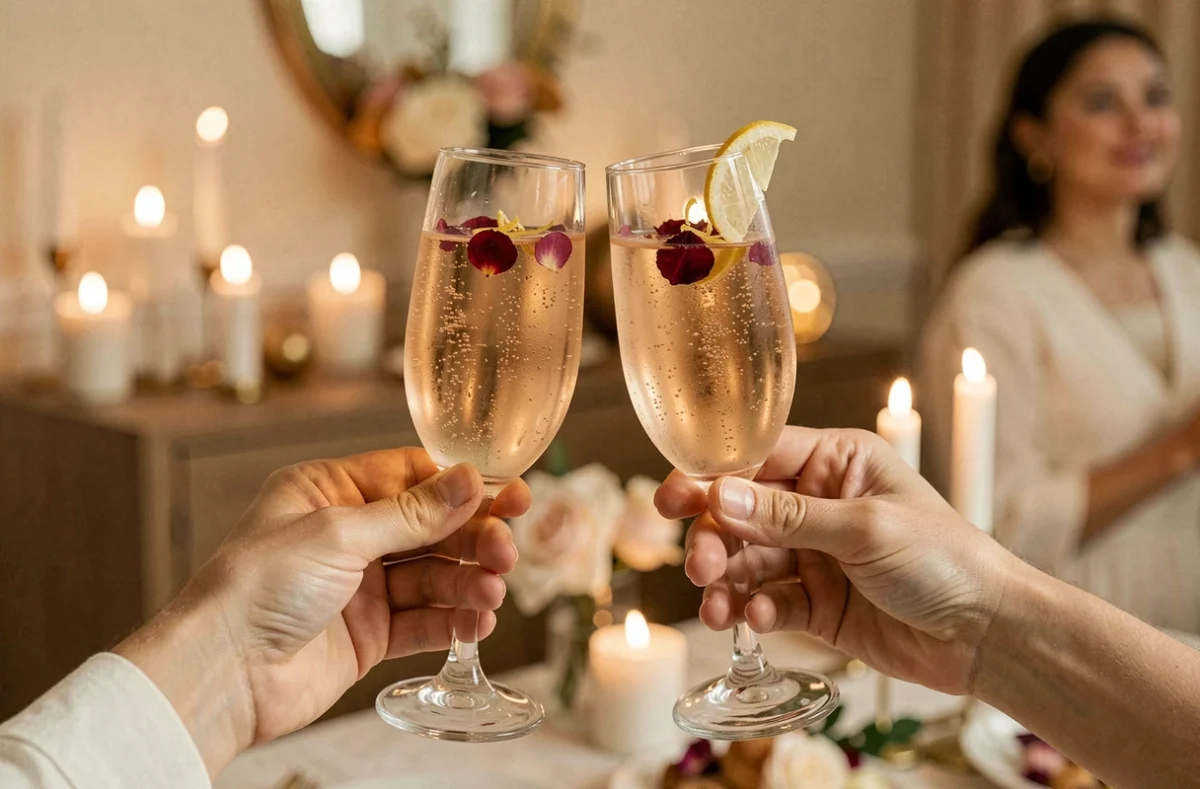 Deux flûtes de soupe champagne sans alcool rosé trinquées lors d'un apéro festif et élégant