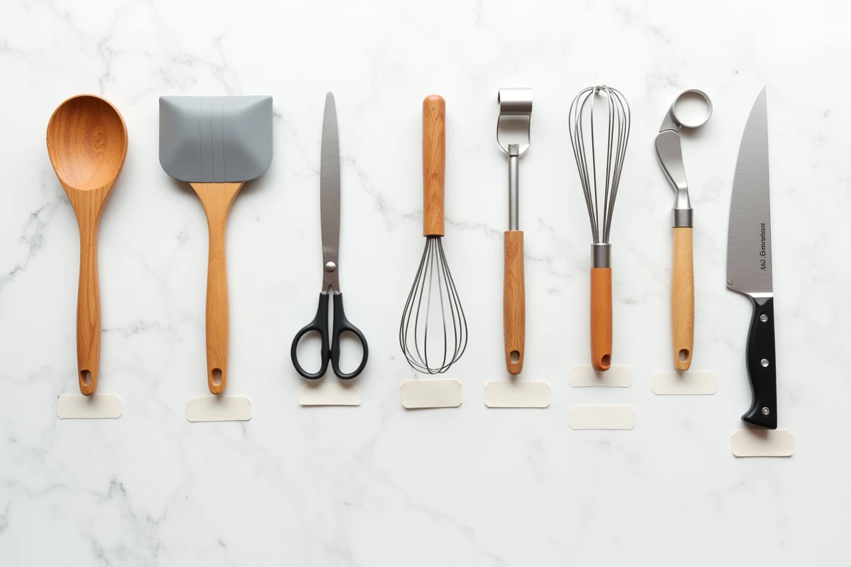 Vue de dessus des ustensiles de cuisine indispensables pour débutants disposés sur un plan de travail en marbre avec étiquettes manuscrites