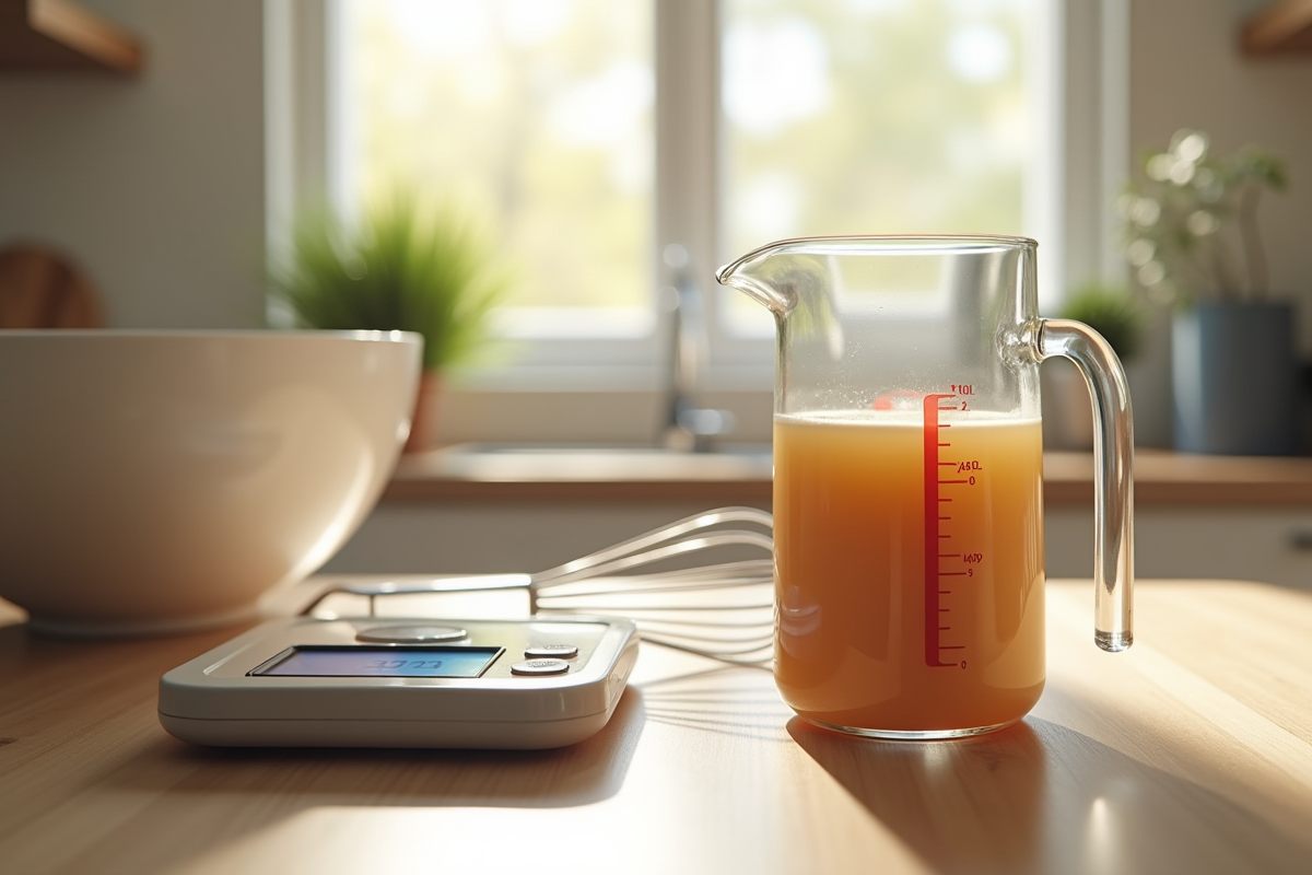 Verre doseur rempli à 40 cl avec balance numérique en cuisine moderne