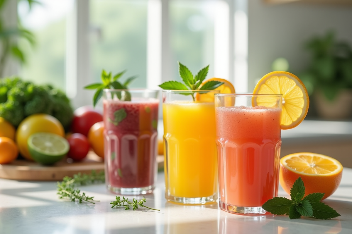 Trois verres de jus detox colorés sur un plan de travail moderne avec fruits
