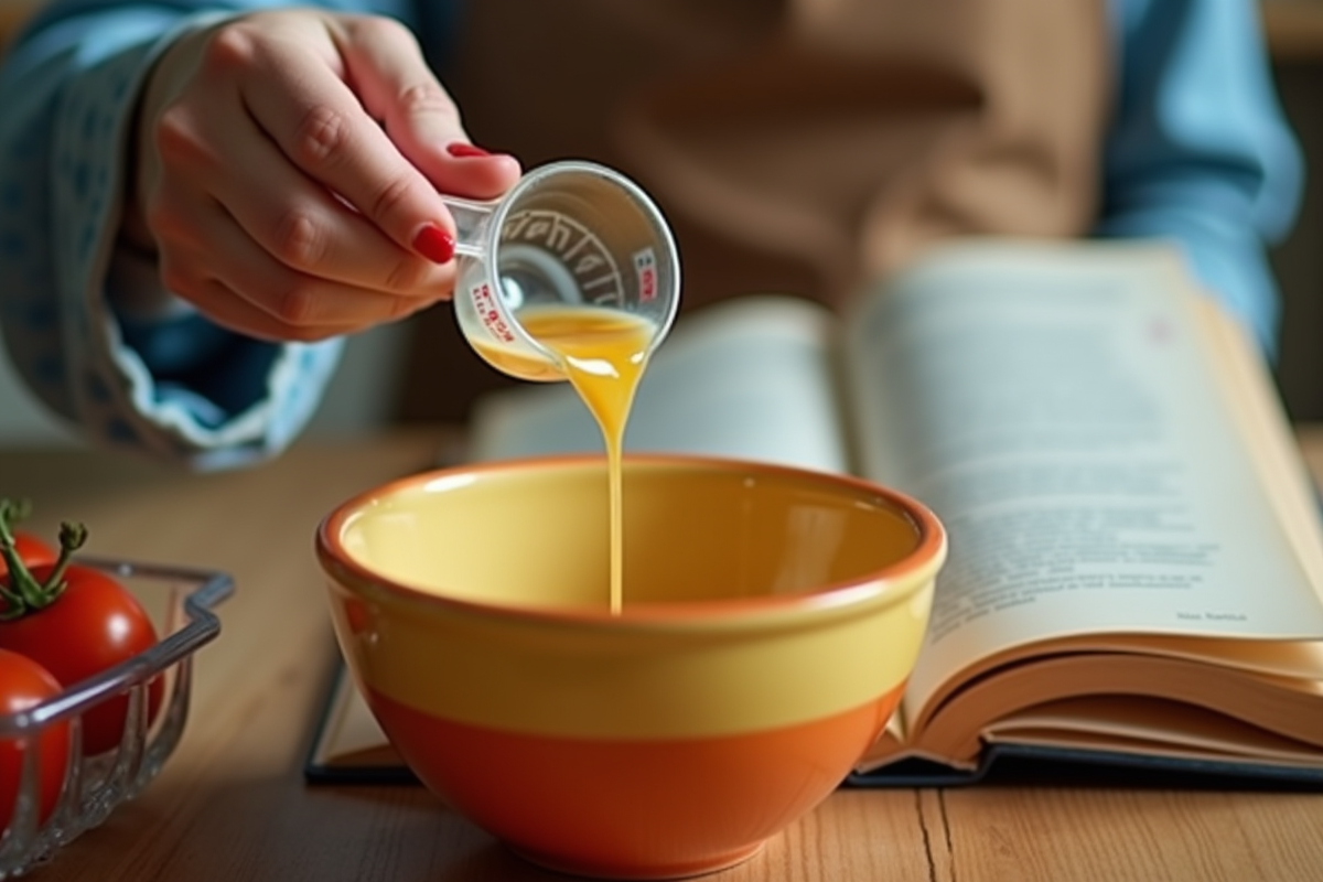 Main versant 60 ml de liquide dans un bol avec livre de recettes ouvert