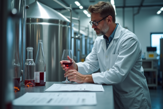 Sommelier dans un laboratoire moderne dégustant un vin rouge clair