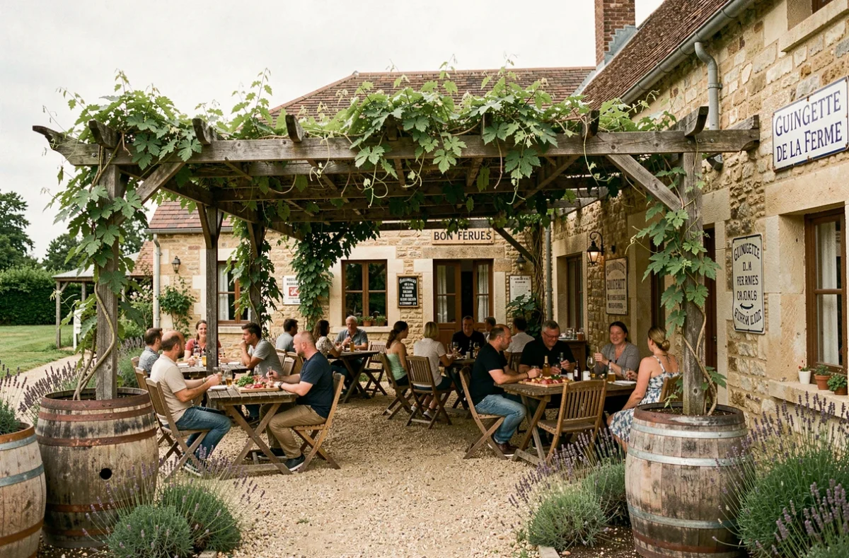 Vue extérieure de la Guinguette de la Ferme à Bondues avec sa terrasse ombragée sous une pergola en bois et sa décoration rustique