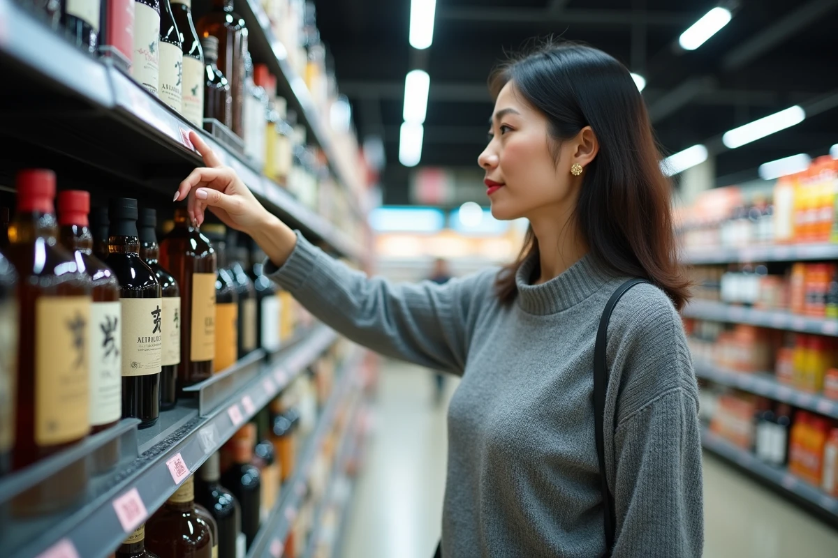 Femme choisissant un whisky japonais abordable dans le rayon spiritueux d'un supermarché